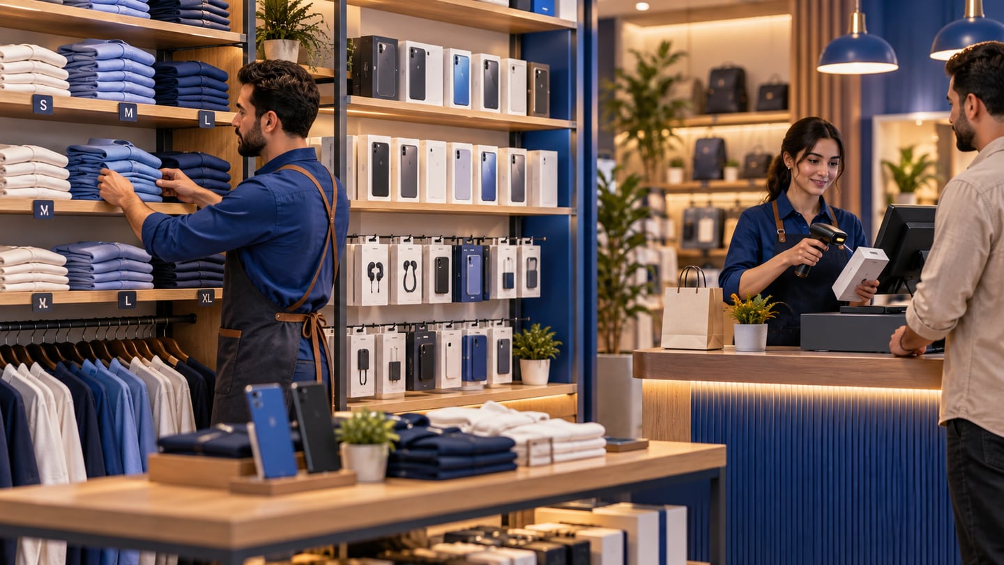 Owner organizes shirts, phone boxes and accessories for different stock tracking