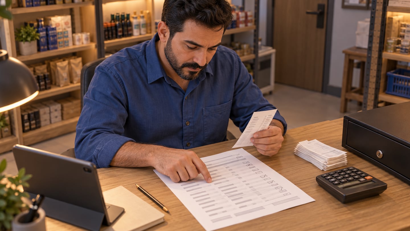 Shop owner comparing a receipt with a row on the shift closing report beside a calculator, receipt stack, and closed cash drawer