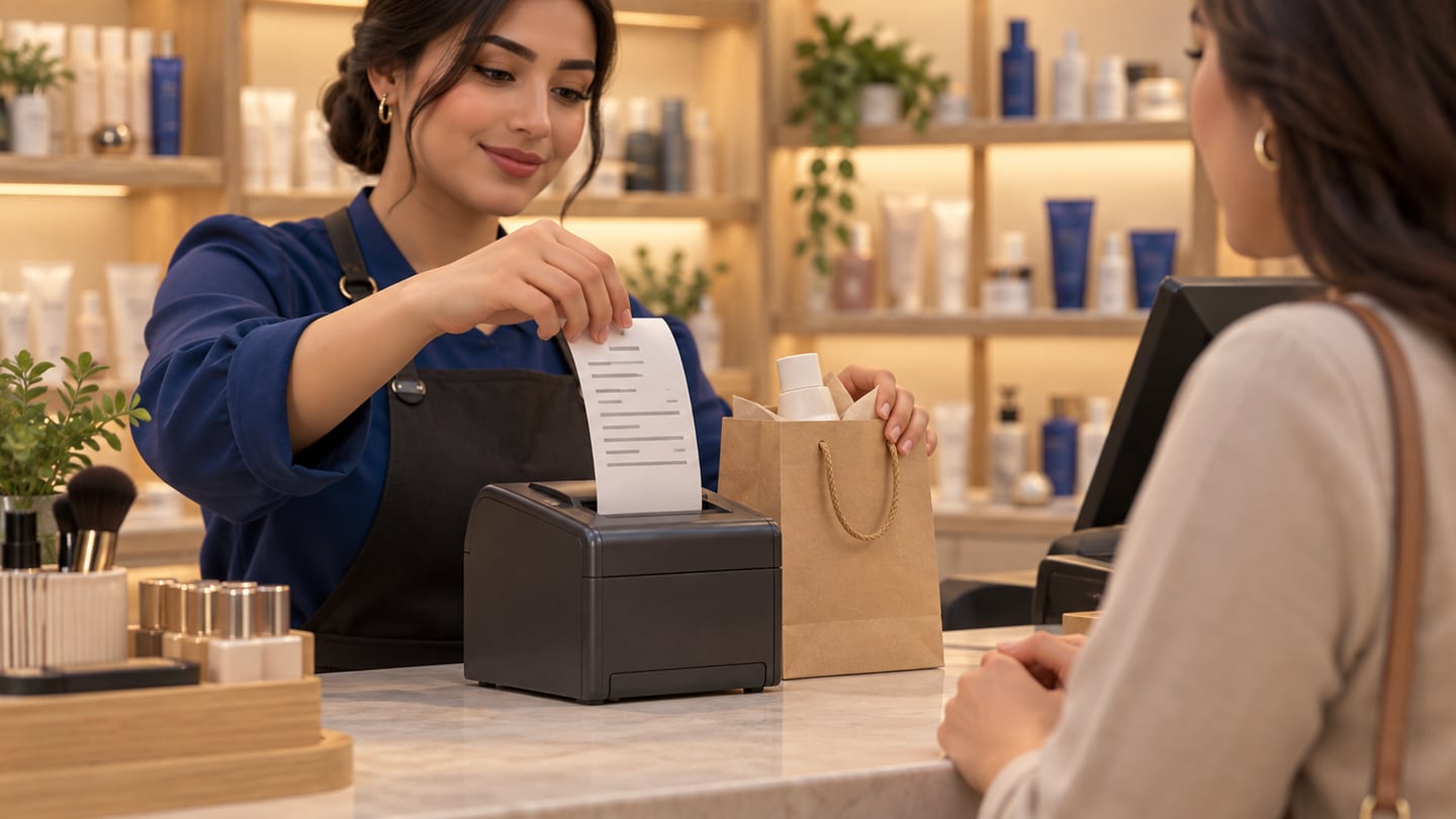 Cashier taking a newly printed receipt from a thermal printer beside a packed skincare purchase while the customer waits