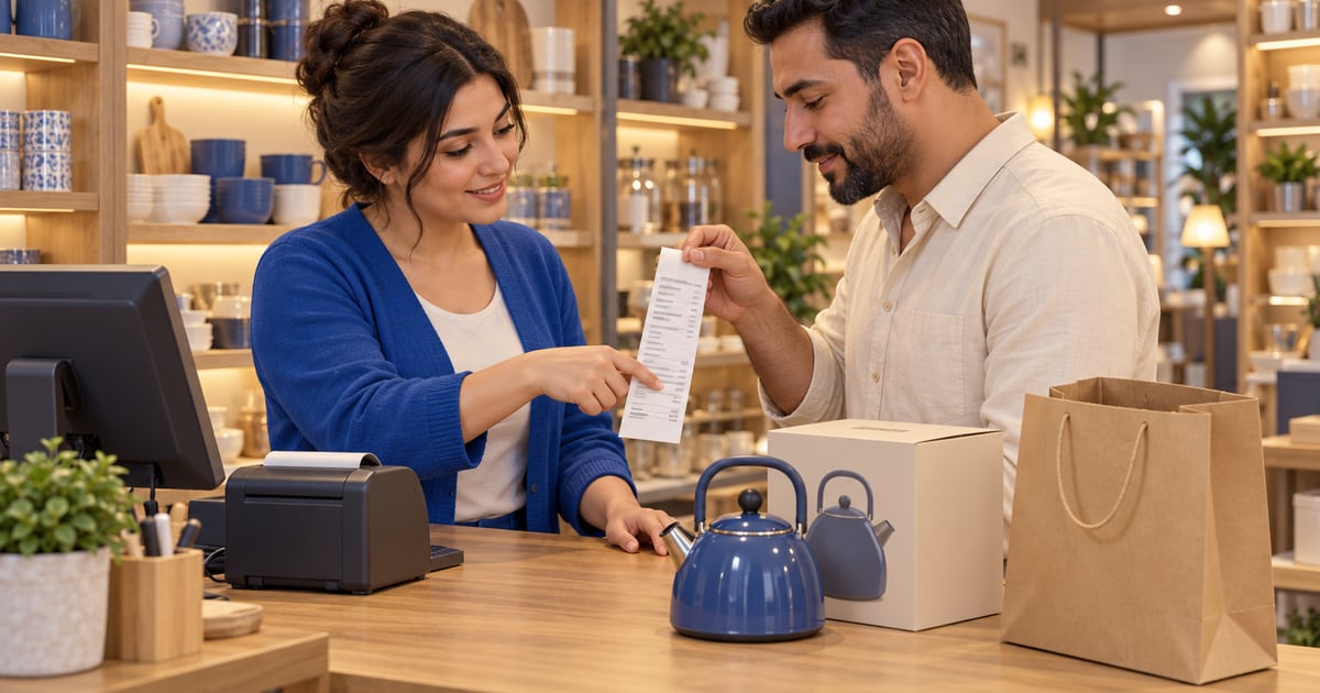 Shopkeeper and customer checking a sales receipt beside a blue kettle, its carton, a shopping bag, and a thermal printer