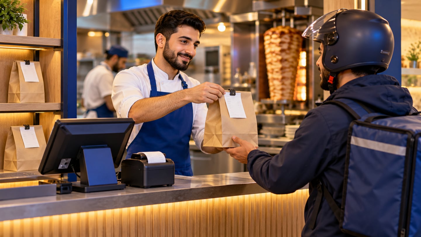 Cashier checking the ticket on a takeaway bag before handing it to a delivery rider