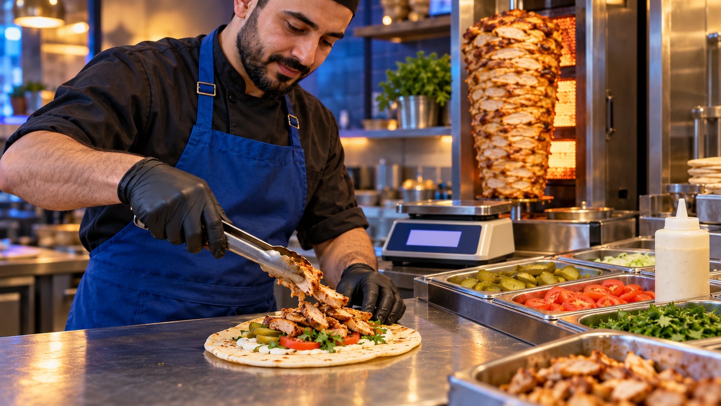 Cook using tongs to portion cooked chicken onto flatbread beside ingredient trays and a weighing scale