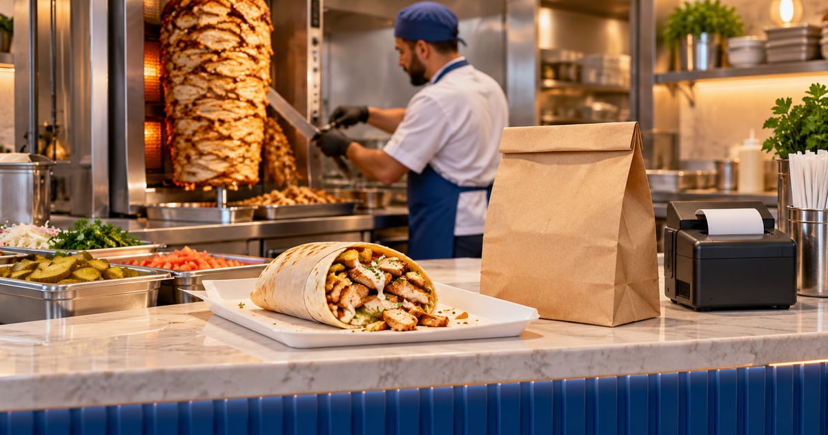 Shawarma takeaway counter with a chicken rotisserie, a cut wrap, a kraft bag and receipt printer