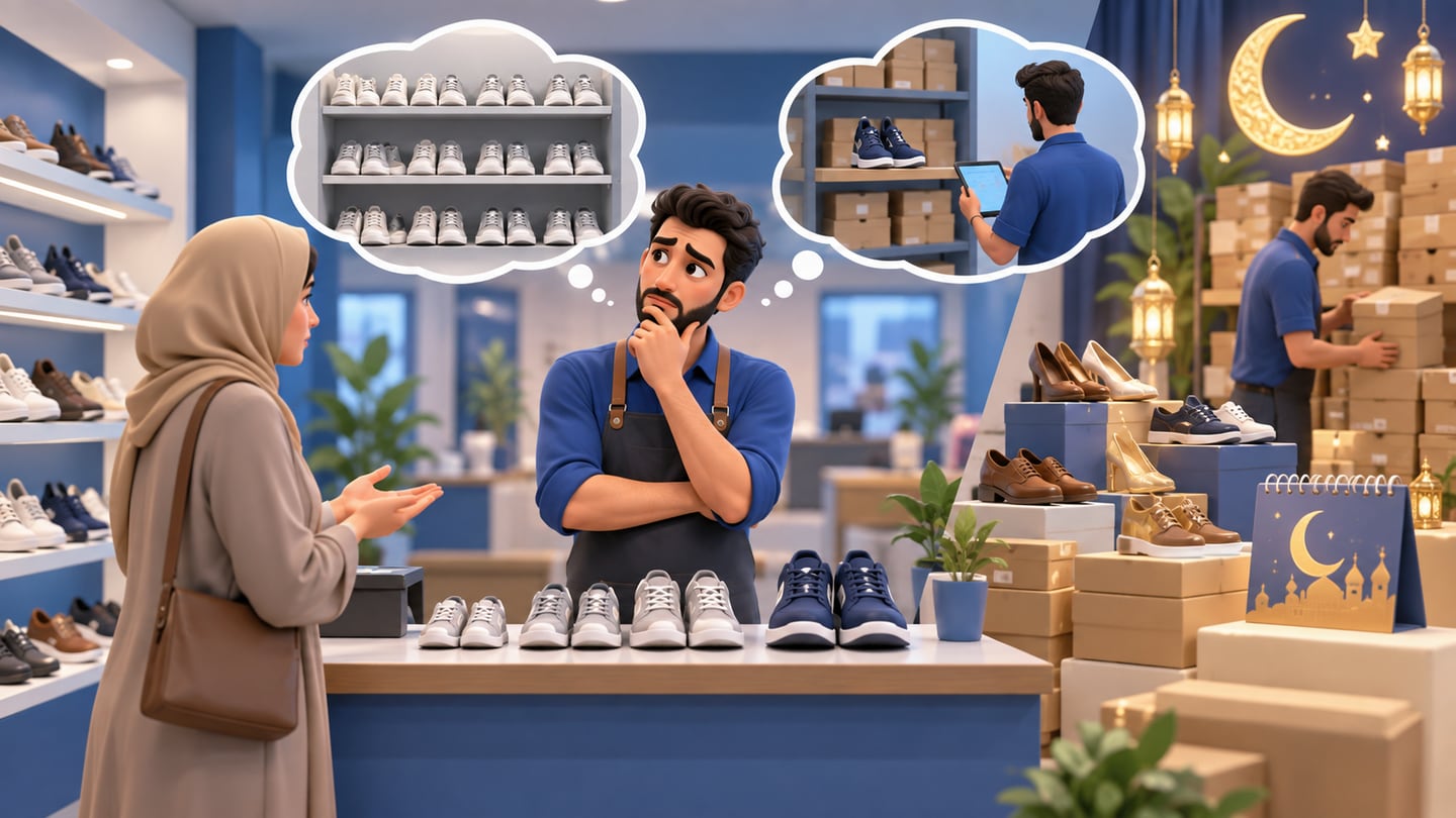 3D illustration of why shoe inventory is harder than it looks for Shoe Store Software in Iraq: POS, Sizes, Stock and Reports