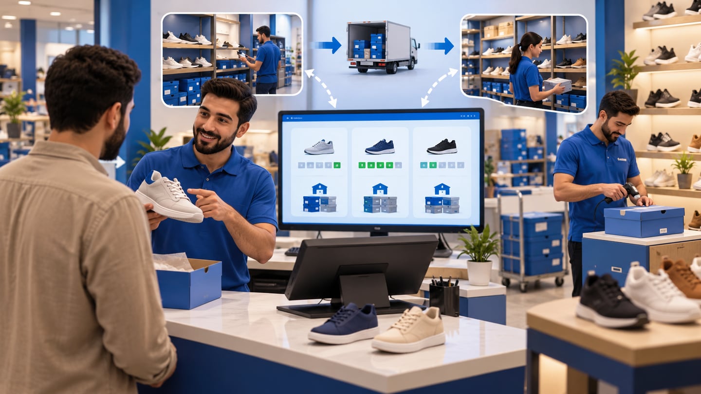 3D illustration of branches, transfers, and customer service for Shoe Store Software in Iraq: POS, Sizes, Stock and Reports