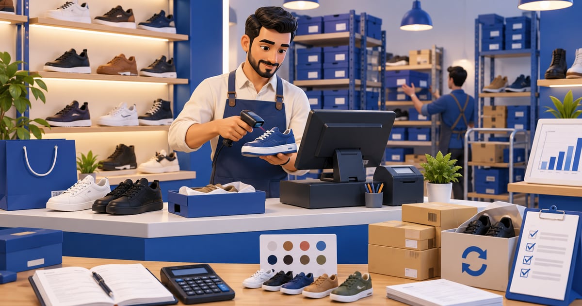 3D scene illustrating Shoe Store Software in Iraq: POS, Sizes, Stock and Reports and its day-to-day business workflow