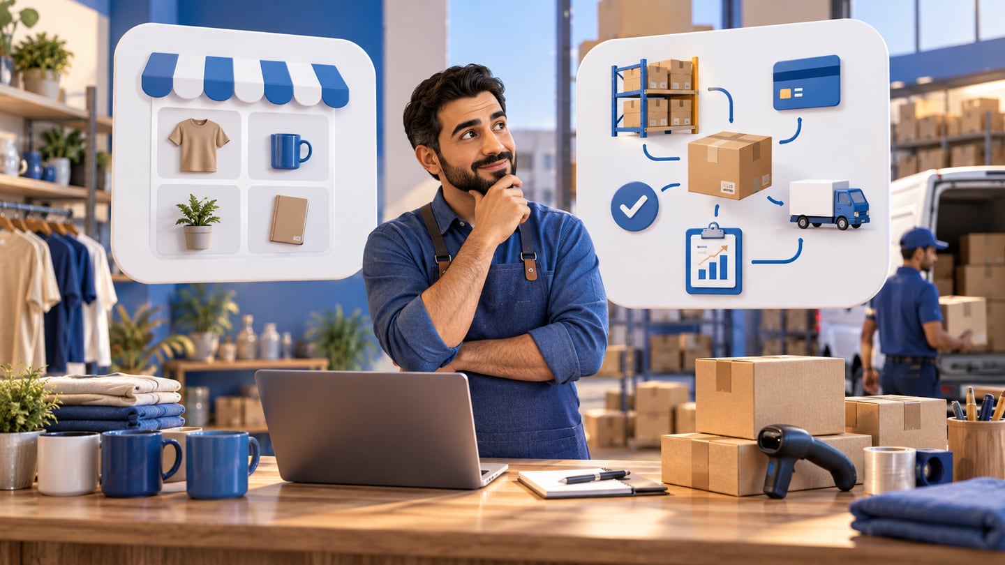 3D illustration of comparison: generic store builder vs connected commerce for Shopify Alternative for Arabic-Speaking Businesses in Iraq