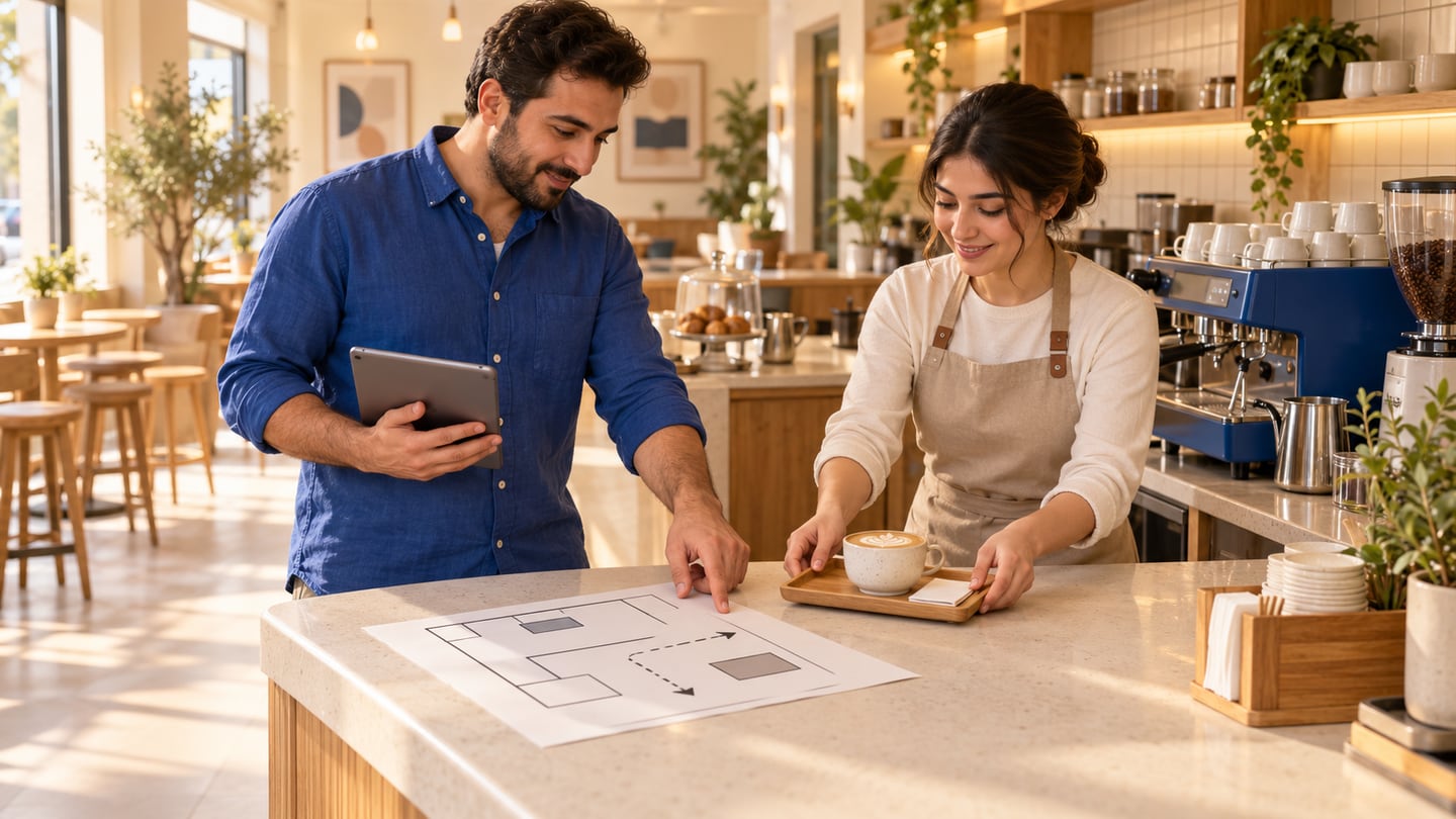 صاحب كافيه يشير إلى مخطط الصالة بينما تختبر باريستا منطقة استلام المشروبات بفنجان وصينية