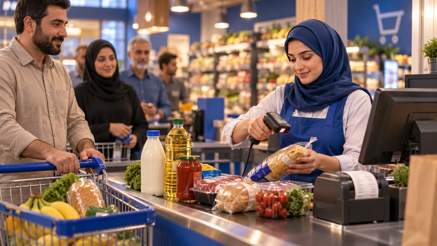 Grocery cashier scans packaged goods quickly at a busy checkout