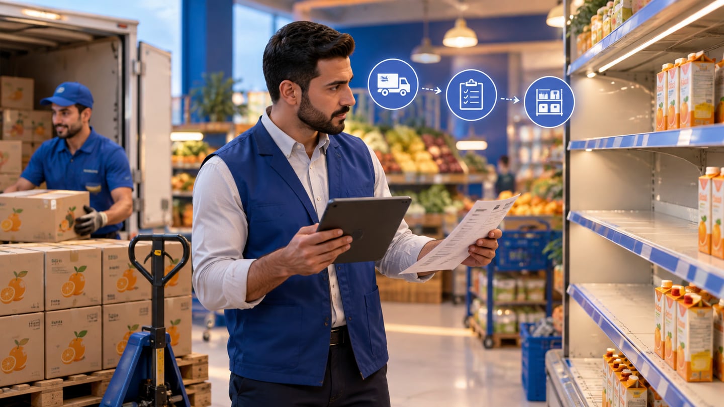 Supermarket manager checks juice delivery against shelf stock