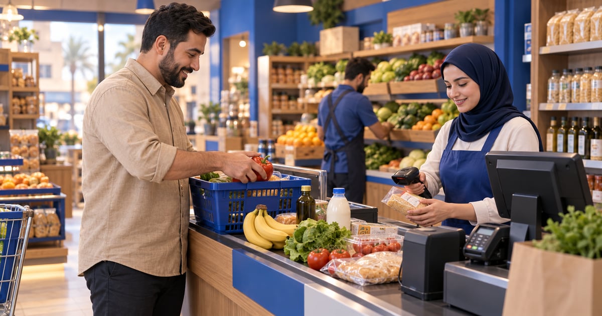 Supermarket cashier scans groceries while stock worker replenishes shelves