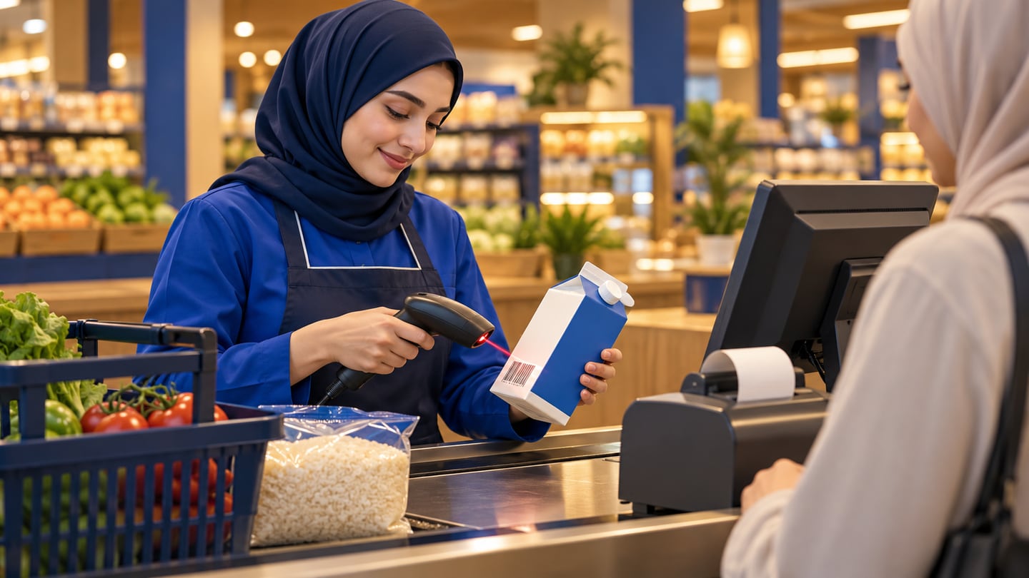 كاشير تمسح باركود عبوة حليب بجانب مشتريات وطابعة إيصالات