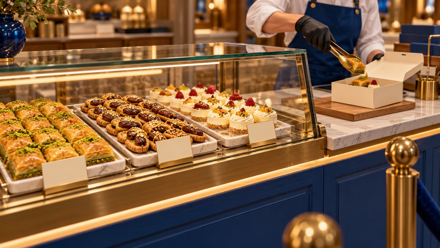 Attendant using tongs to box pastries beside an organized glass display of sweets