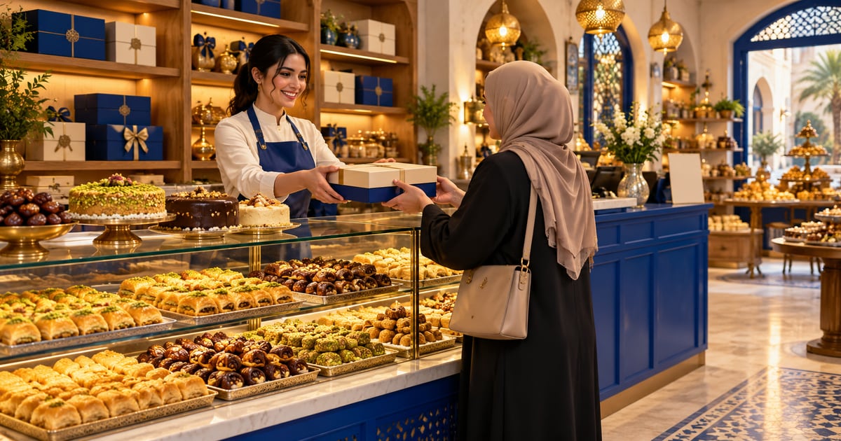 Illustrated sweets shop with baklava and cakes in a glass case and a shopkeeper handing a pastry box to a customer