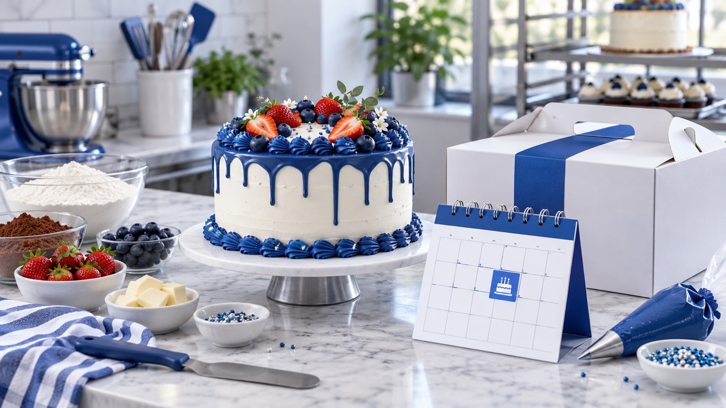 3D illustration of a custom cake beside an order calendar and delivery box