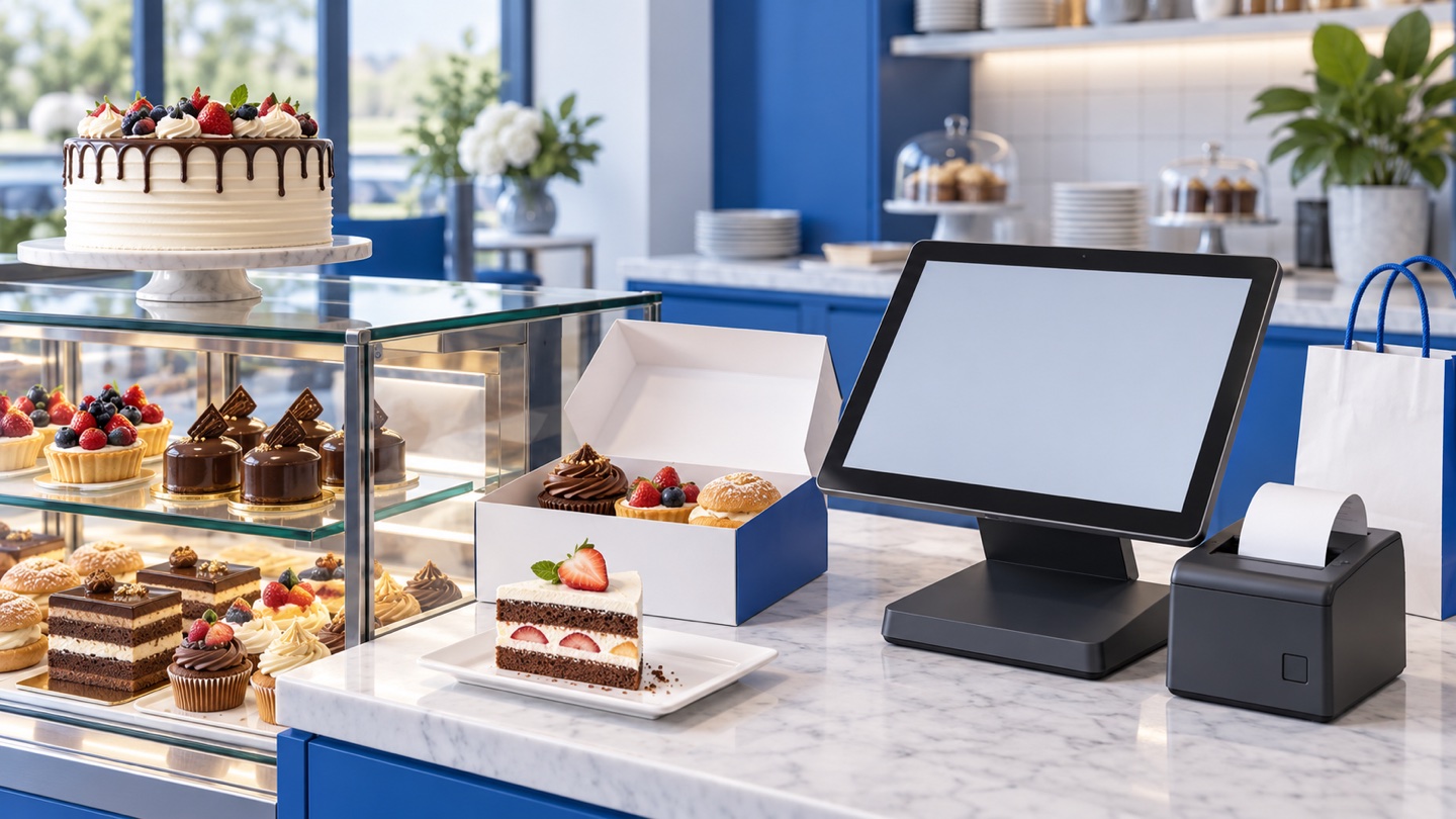 3D illustration of a sweets shop counter with cake options and a POS terminal