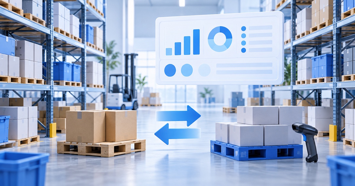 3D warehouse shelves, stock scanner and connected inventory transfer dashboard
