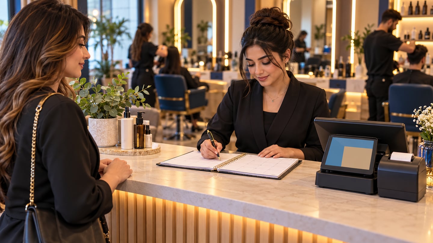 Receptionist using a paper appointment planner beside a separate POS terminal and receipt printer