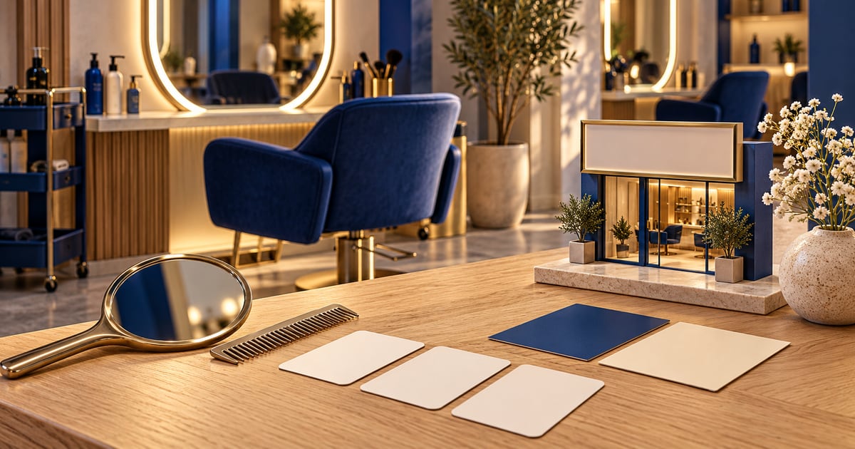 Salon identity planning desk with blank name cards, blue and cream swatches, a comb and hand mirror beside a salon chair