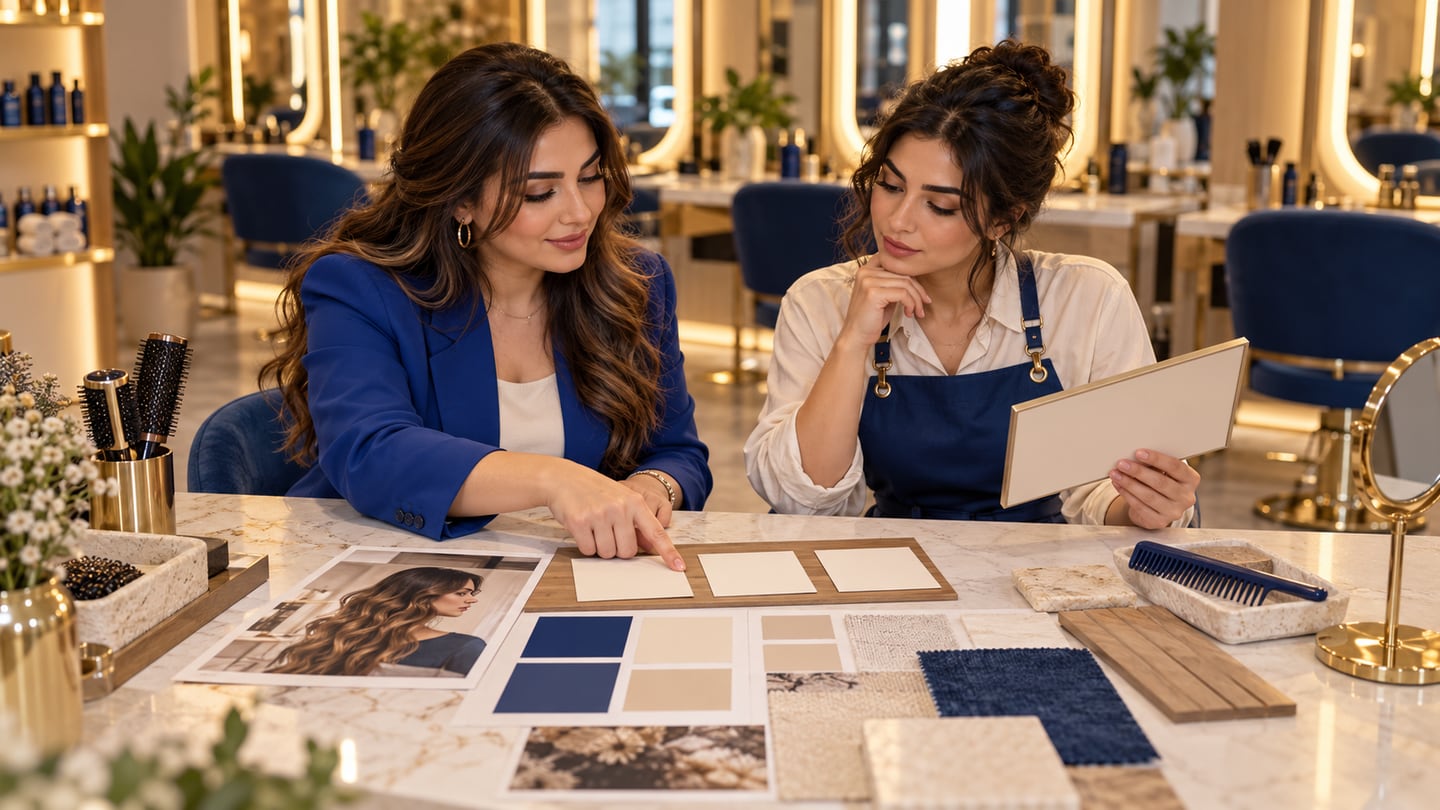 Salon owner and stylist comparing blank identity cards and color swatches beside a sample sign