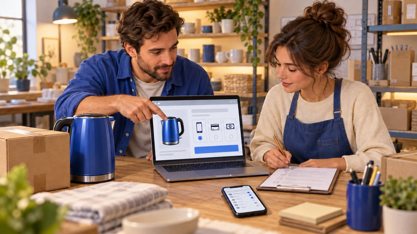 Shop owner and assistant reviewing an illustrative checkout layout and a paper checklist beside a blue kettle and parcel
