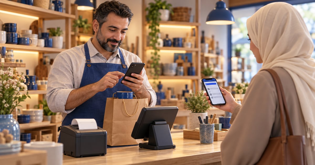 Shopkeeper checking his phone while a customer holds hers and a bag with a blue mug waits behind the counter