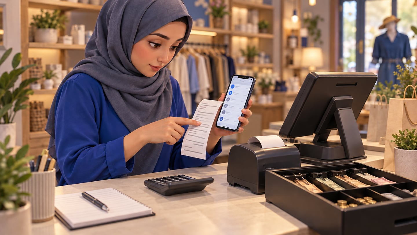 Shop manager comparing a phone transaction list with a paper receipt beside a POS terminal and separate cash drawer